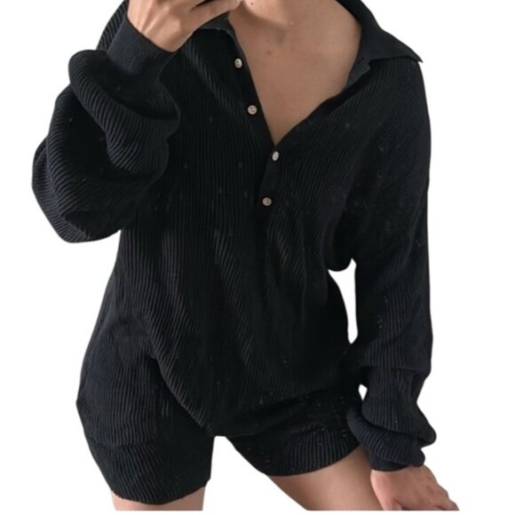 Free People Sweaters - FP Beach Women's M Ribbed Black Knit Sweater Button-Up Long Sleeve Romper